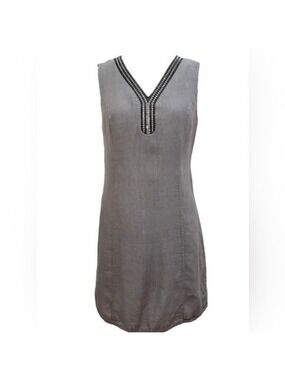 Lina Tomei Gray Linen Dress Beaded Neckline Made in Italy Size Medium